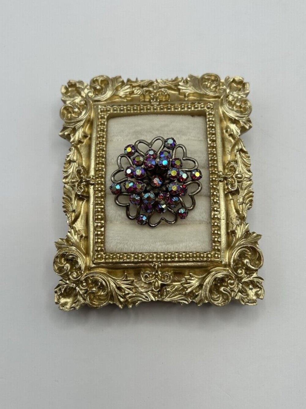 Vintage AB Rhinestone Flower Dome Brooch Silver Tone Openwork Hearts Pin Red Fun